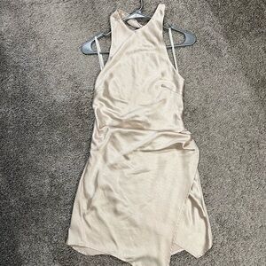 satin champagne high neck asymmetric hem dress